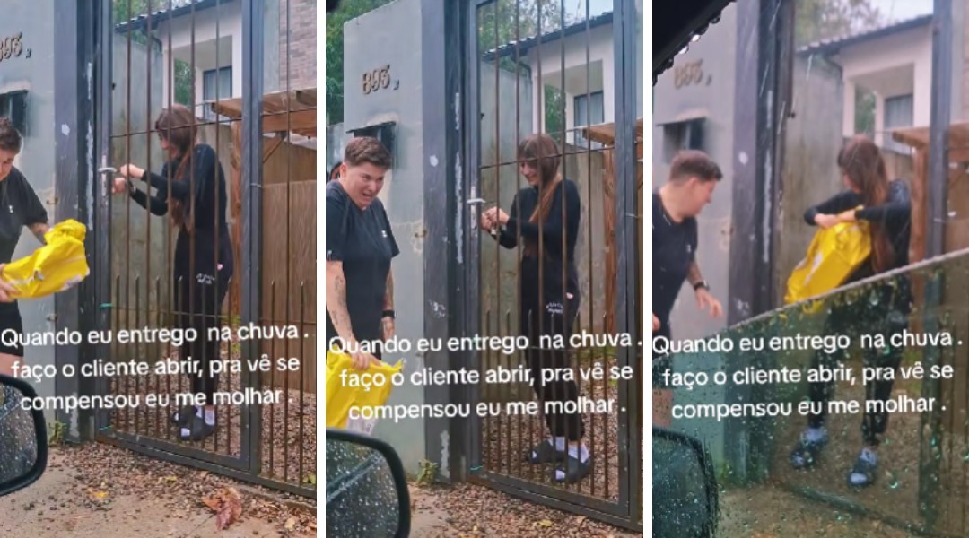 Entregadora viraliza ao esperar cliente abrir portão na chuva