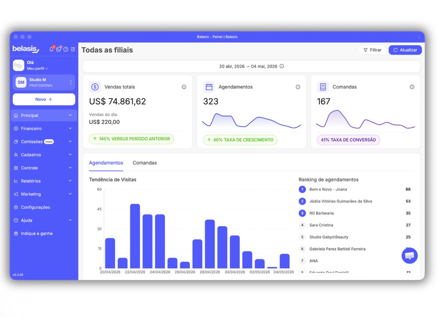 Interface de plataforma de gestão digital para salão de beleza mostrando agenda e métricas financeiras