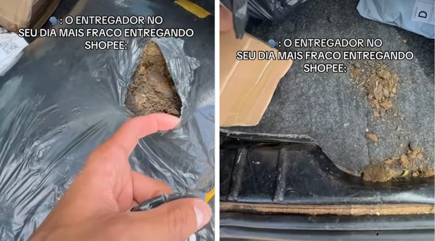 Entregador encontra esterco rasgado no porta-malas e alerta para falha logística