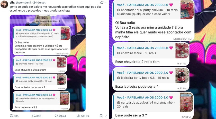 Captura de tela mostrando conversa entre vendedora e cliente sobre preço de papelaria