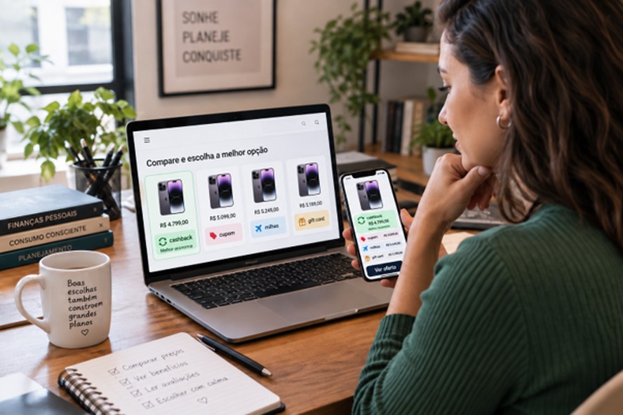 Interface da plataforma Comparemania mostrando comparação de benefícios de compra