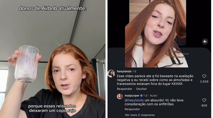 Influenciadora Mari Purper simulando reação de anfitrião frente a bagunça em imóvel alugado