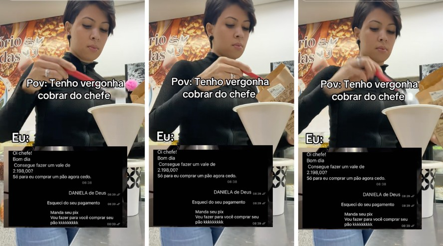 Funcionária mostrando mensagem de cobrança salarial no celular