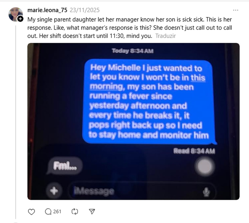 Post de Marie Leona no Threads mostra como gerente respondeu à solicitação de sua filha — Foto: Reprodução / Threads