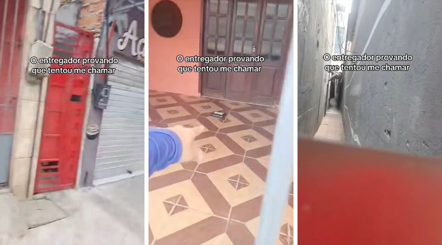 Entregador segurando pacote e gritando nome de cliente em frente a casas