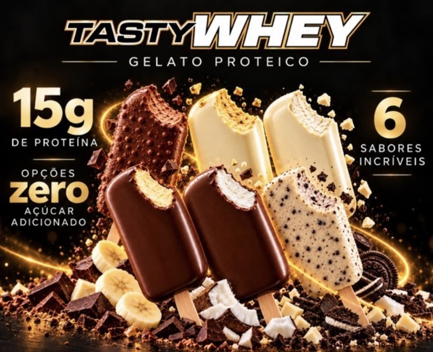 Gelatos proteicos Tasty Whey da Adaptogen em freezer comercial