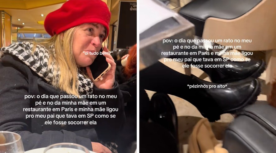 Mãe sentada em restaurante em Paris com pés levantados após encontro com rato