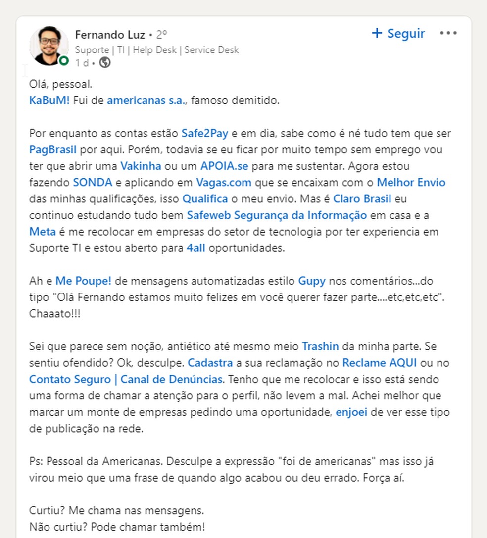 Publicação de Fernando Luz no LinkedIn — Foto: Reprodução