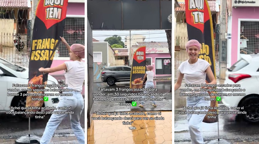 Banner de loja sendo balançado por jovem para anunciar frango assado