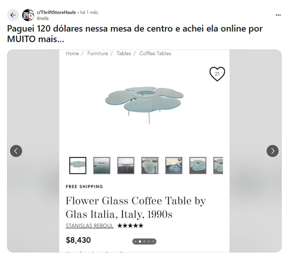 A mesa foi projetada pela empresa italiana de móveis Cattelan Italia na década de 1990 — Foto: Reprodução / Reddit