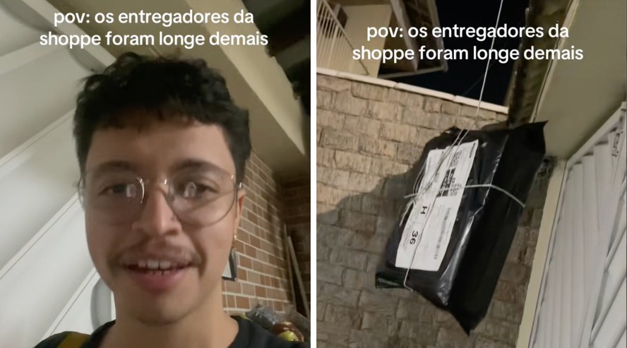 Entregador usando barbante para entregar pacote