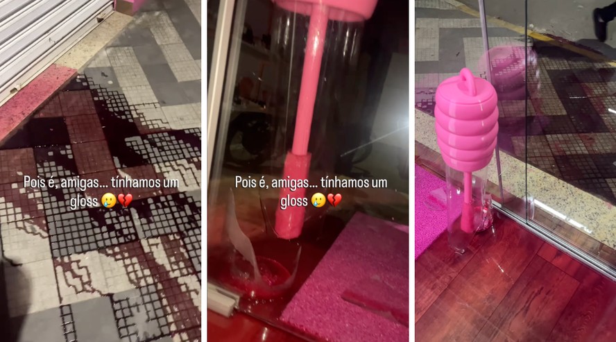 Calçada coberta por líquido rosa após explosão de decoração de loja
