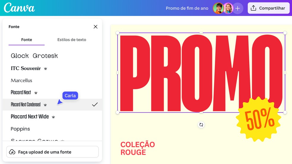 Canva traz catálogo com centenas de fontes para aplicações em campanhas com temáticas variadas. — Foto: Divulgação