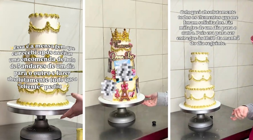 Bolo de três andares sendo desmontado pela confeiteira Débora Saas