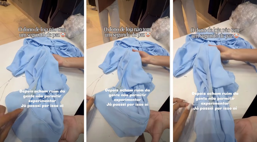 Short azul com mancha amarela em provador