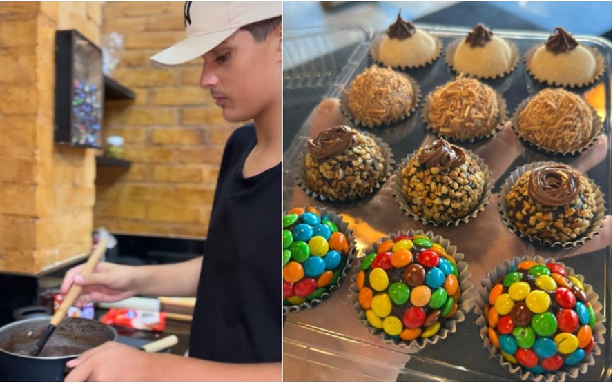 Casal Ana e Alê sorrindo em uma de suas confeitarias, com o fundo totalmente rosa.