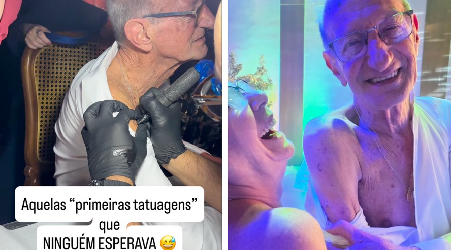 Casal de avós recebendo flash tattoos no braço durante cerimônia de casamento