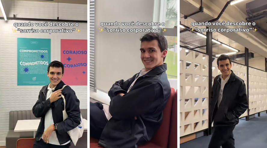 Jovem demonstrando sorriso exagerado em ambiente de escritório