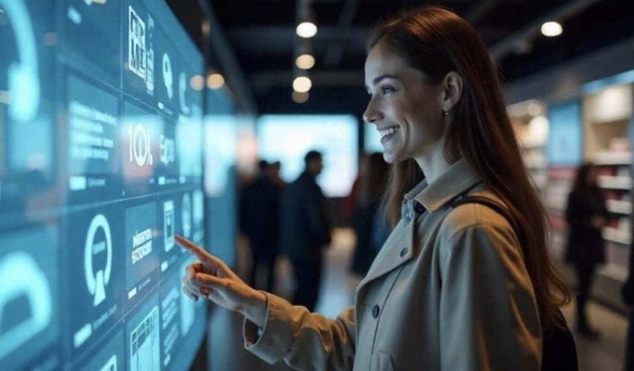 Profissional analisando dados de marketing digital em tela com elementos de inteligência artificial