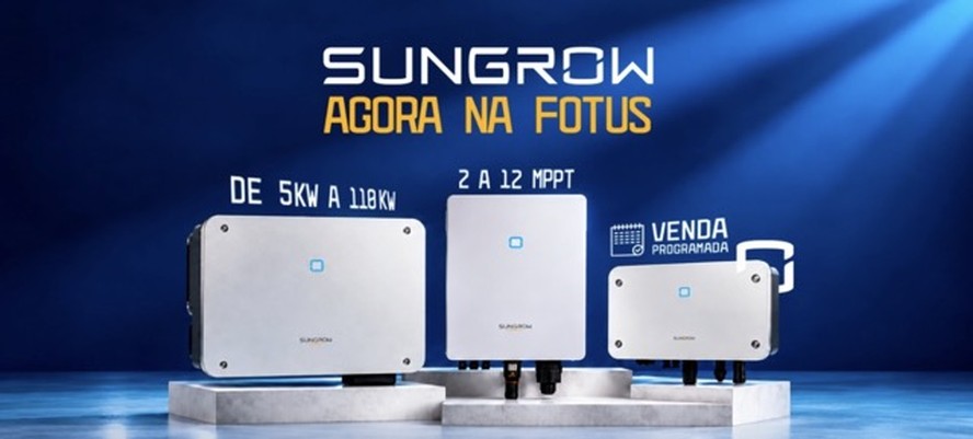 Inversores solares Sungrow expostos em centro de distribuição