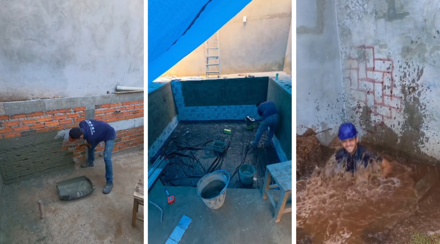 Rafael Pedreiro trabalhando em obra de piscina