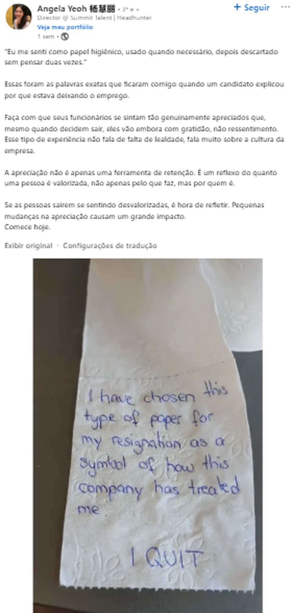 Em postagem no LinkedIn, post conta com mais de 11 mil intera&ccedil;&otilde;es &mdash; Foto: Redes sociais