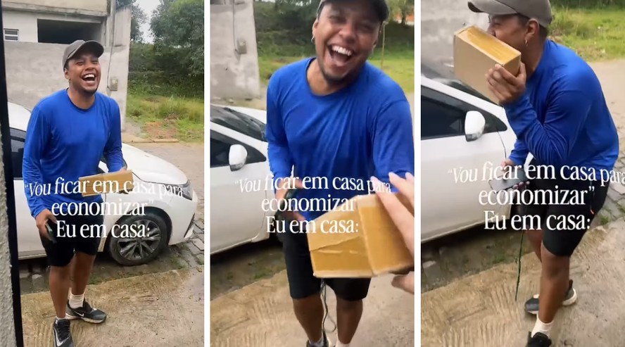 Entregador César Rosa recebendo pacote em residência no Rio de Janeiro