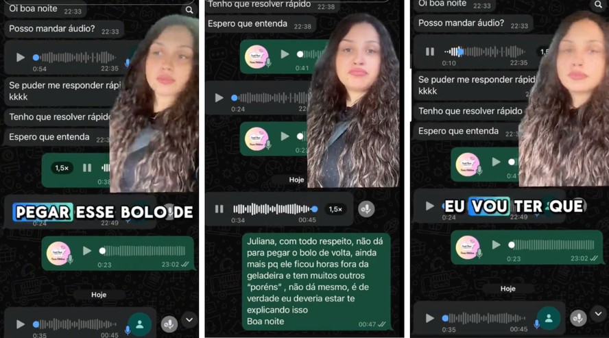 Confeiteira mostra tela de conversa com cliente sobre devolução de bolo