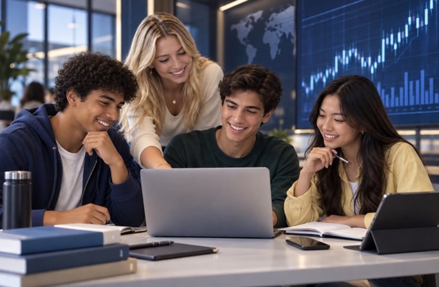 Estudantes participando de atividade de educação financeira e investimentos