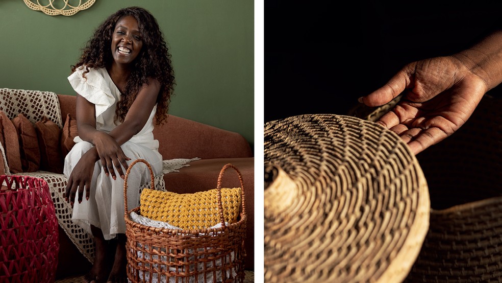 ARTESANATO - Cíntia Inácio, da Waka Decor, marca que nasceu com R$ 500 e hoje produz 500 pedidos por mês  em palha de carnaúba, taboa e milho — Foto: Renato Stockler