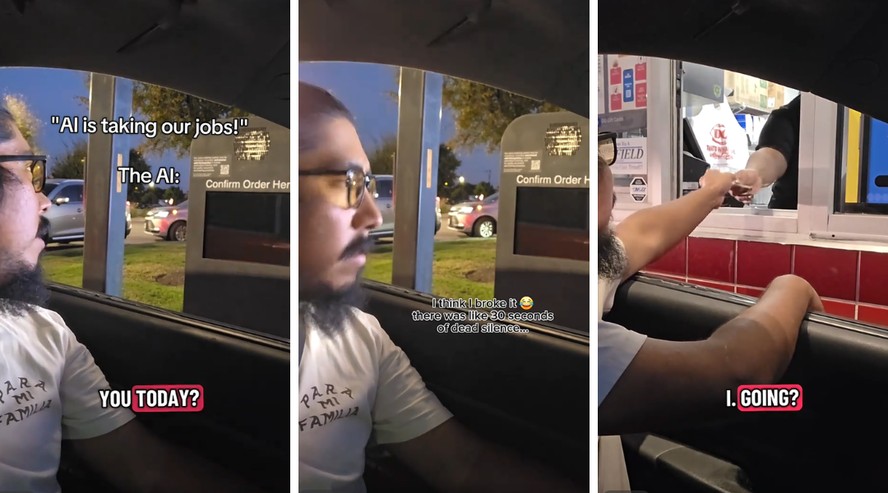 Tela de drive-thru mostrando silêncio enquanto cliente aguarda resposta da IA