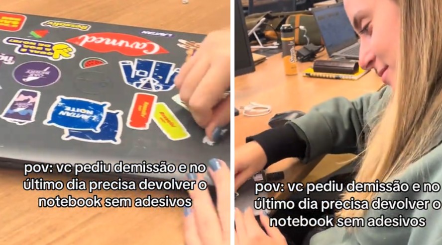Funcionária removendo adesivo de notebook corporativo