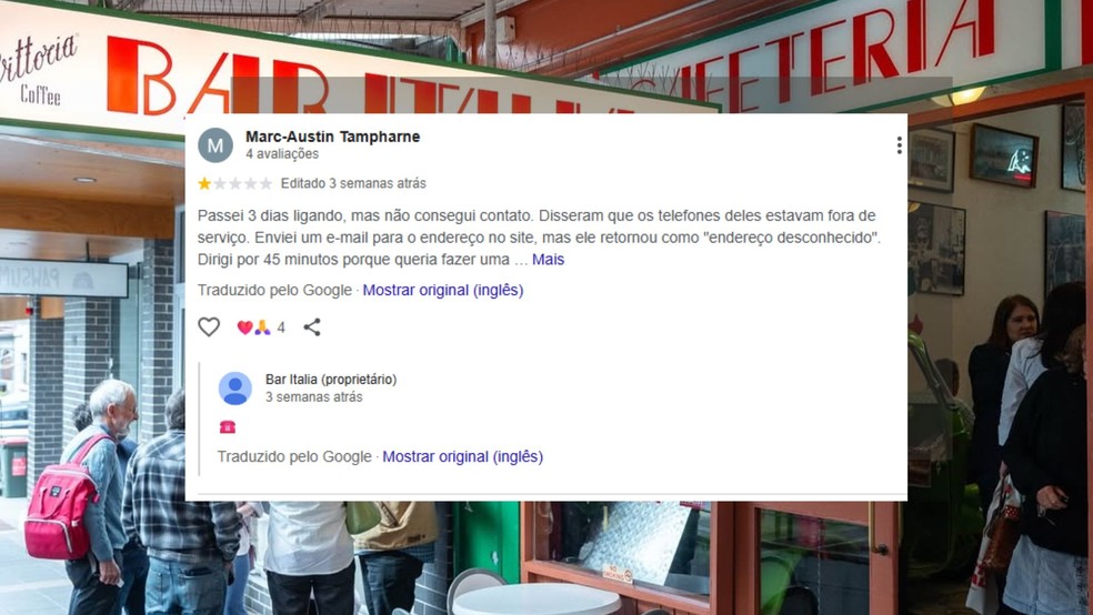 Resposta do restaurante Bar Itália à avaliação no Google — Foto: Reprodução/Redes Socais