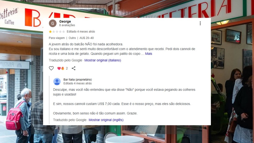 Resposta do restaurante Bar Itália à avaliação no Google — Foto: Reprodução/Redes Socais
