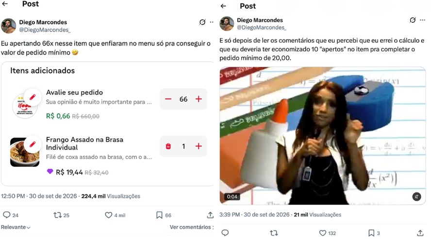 Captura de tela mostrando carrinho do iFood com múltiplos itens de avaliação