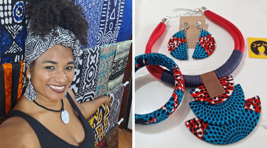 Turbantes e acessórios produzidos com tecidos africanos expostos na loja Mais Linda Afro