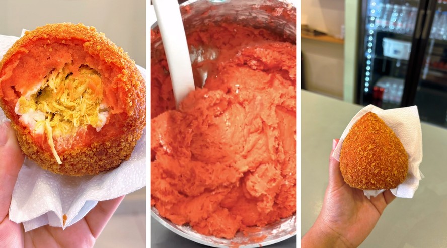 Coxinha rosa sendo produzida na cozinha da Sô + Doces